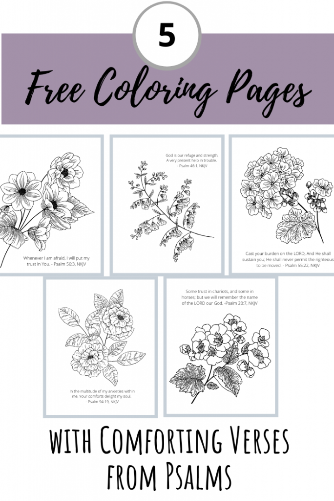 five free coloring pages with comforting verses from psalms pin image
