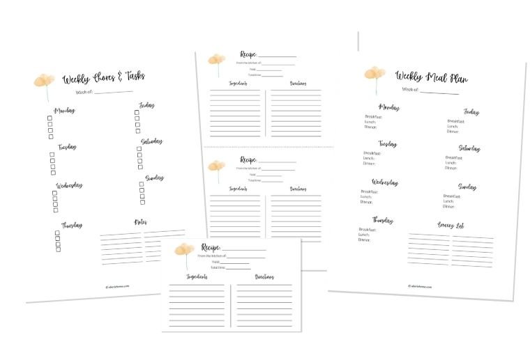 weekly chores and tasks, weekly meal plan, and recipe cards