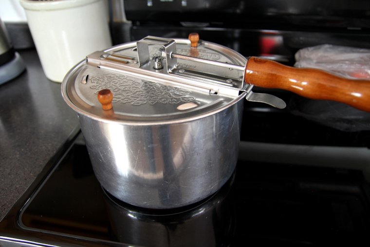 Whirley-Pop Poppcorn Popper on the stove