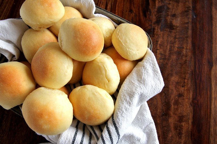 soft sourdough potato rolls in basket