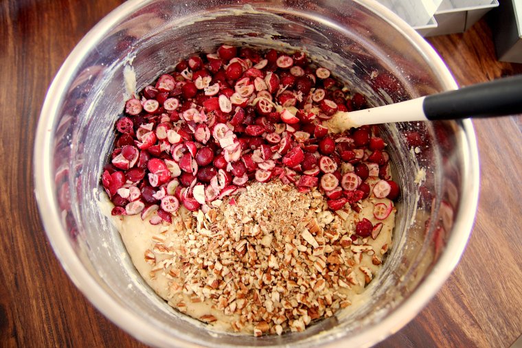 stir cranberries and pecans into batter but do not over-mix