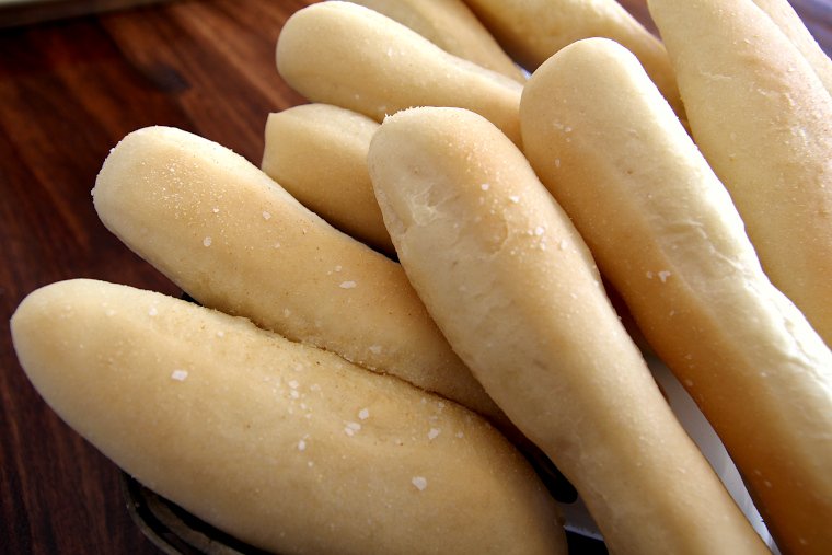 Soft sourdough breadsticks up close