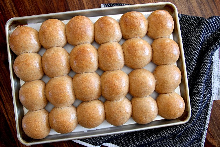 pan of soft whole wheat sourdough rolls
