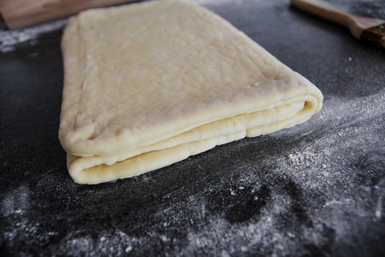 side view of layered dough after the second fold