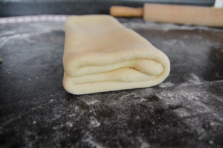 side view of the layered dough after the first fold