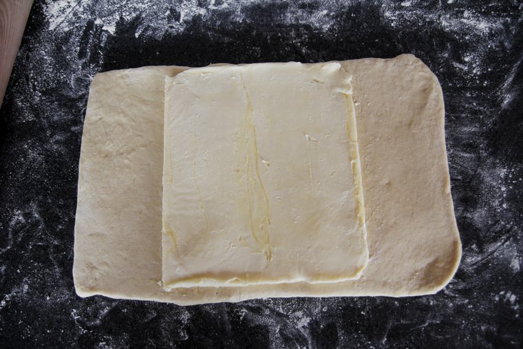 butter block in the center of the sourdough danish dough rectangle