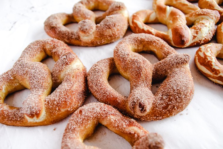 side view of cinnamon sugar sourdough soft pretzels