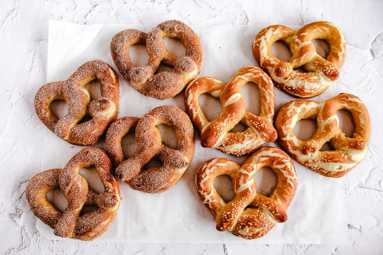 sourdough soft pretzels on white parchment paper