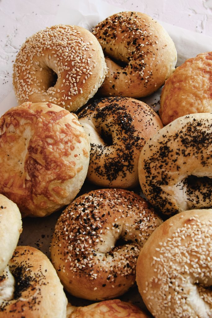 sourdough bagels with various toppings