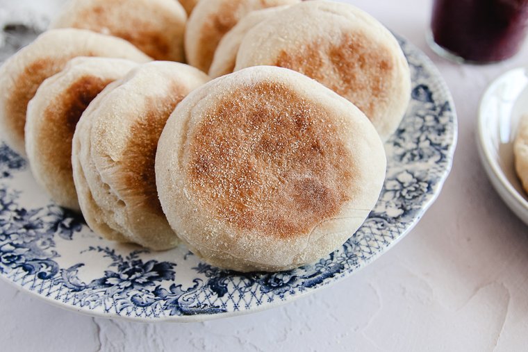 a close-up view of a sourdough english muffin