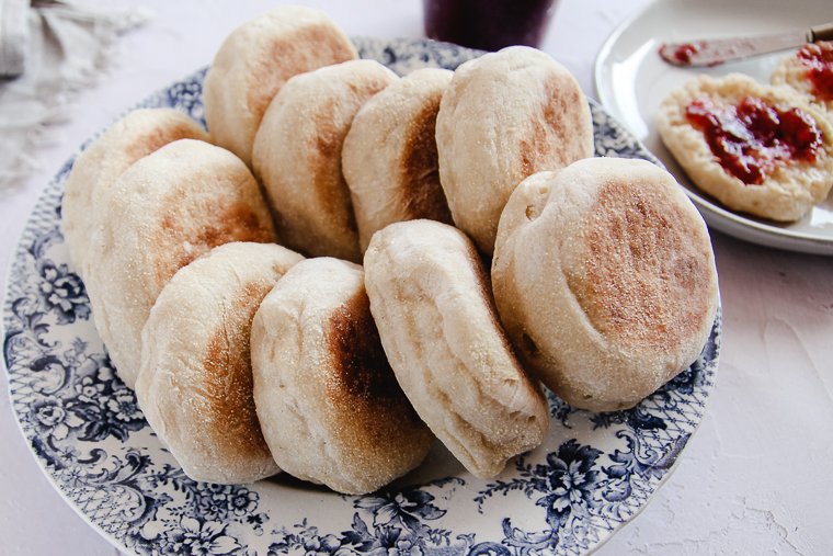 a bowl of sourdough english muffins