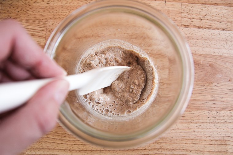 stirring the beginnings of sourdough starter on day 1