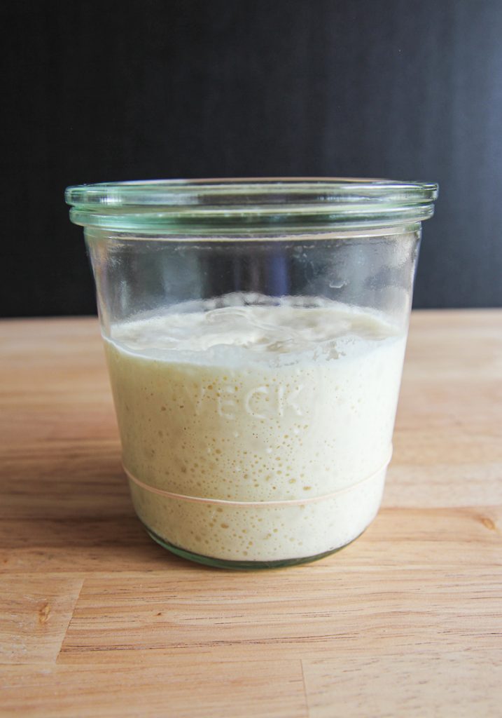 bubbly sourdough starter that has recently begun to fall after reaching its peak in the jar