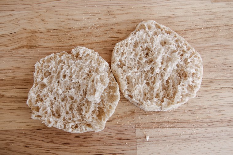 the open crumb (nooks and crannies) in a sourdough english muffin