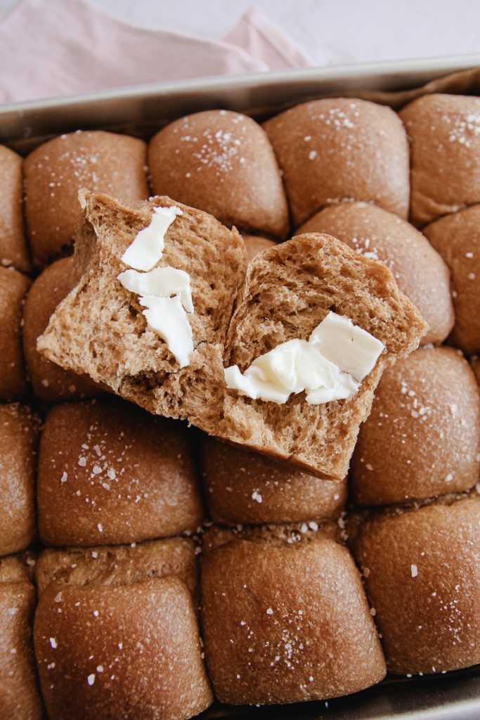 crumb shot of whole wheat sourdough rolls