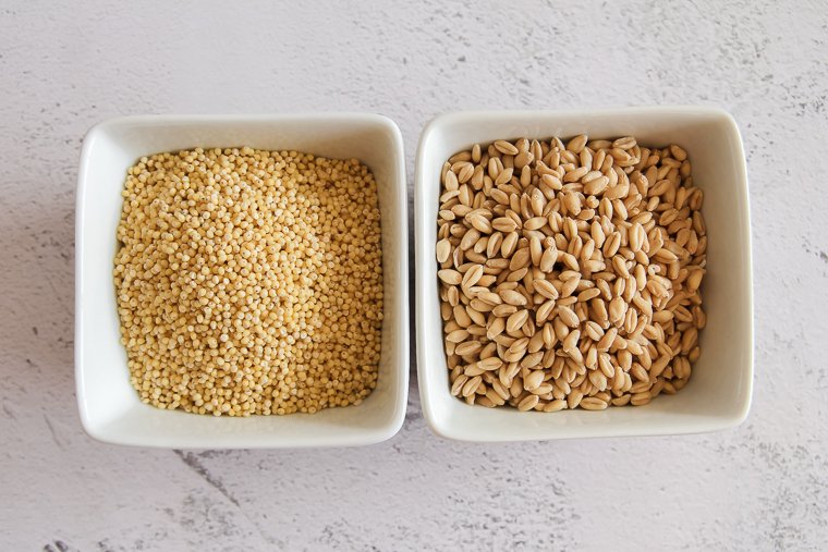 whole grain millet and soft white wheat berries ready to be milled into flour