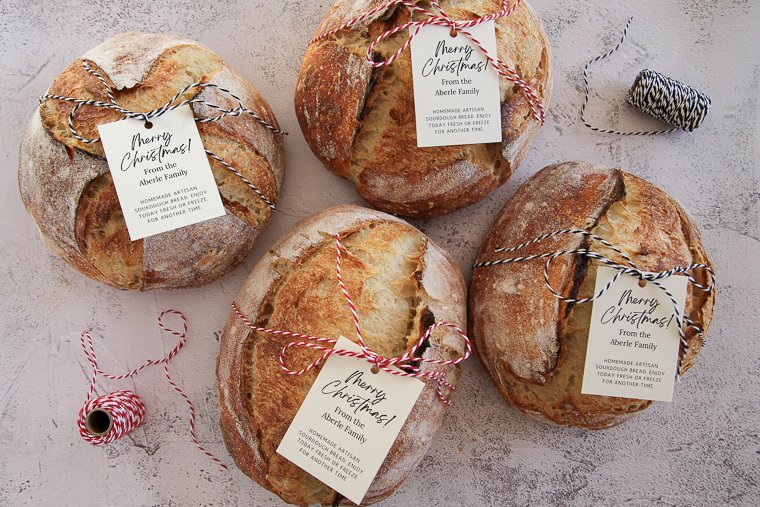 how to wrap sourdough bread as a gift with baker's string and gift tags