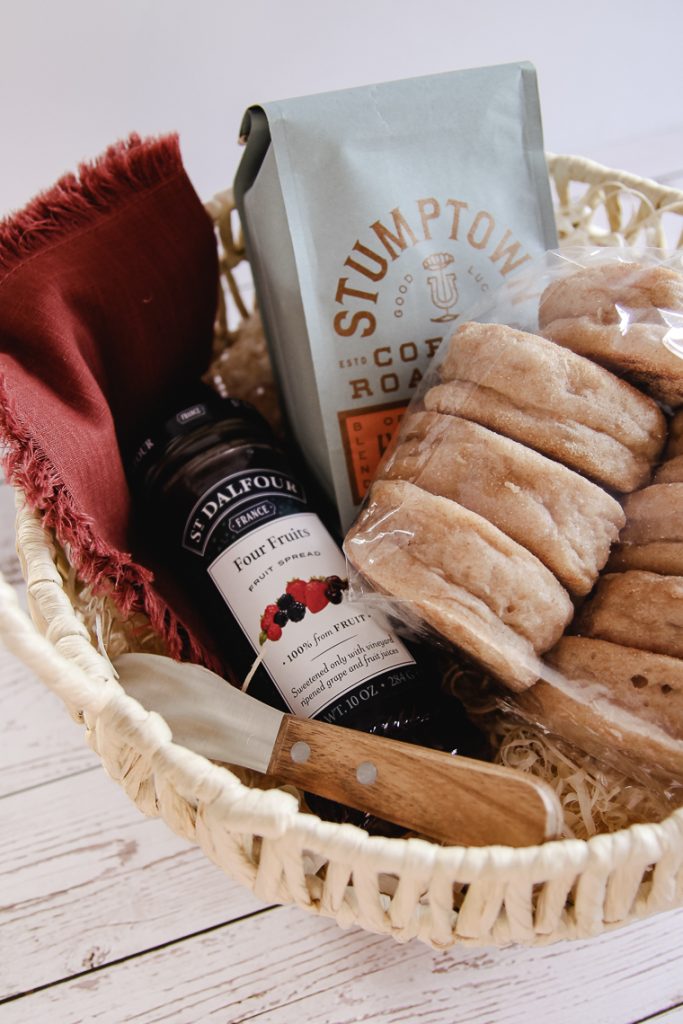 a close-up of the gifts in a homemade bread gift basket