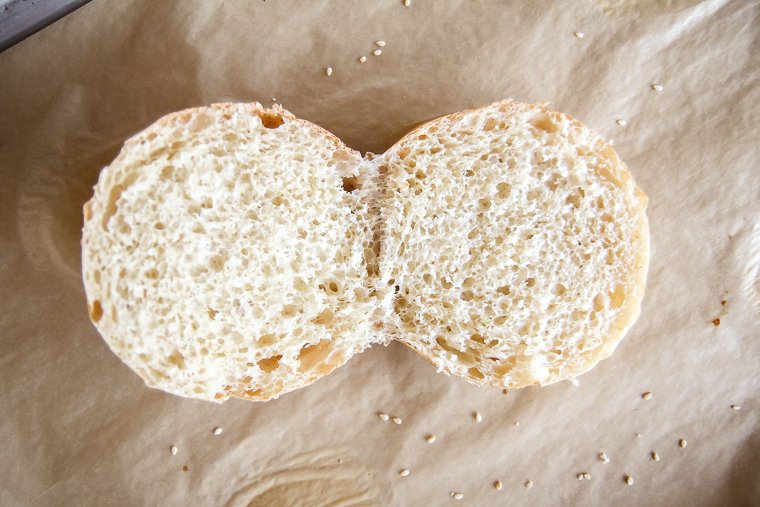 crumb shot of a sourdough hamburger bun