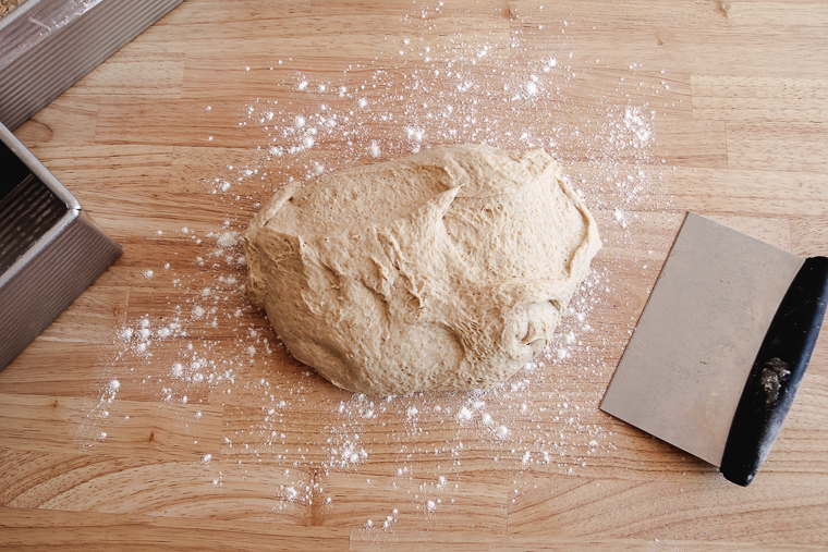 half of the oatmeal porridge bread dough, ready to be shaped