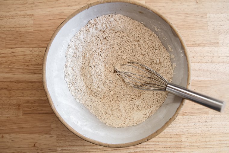 mix whole wheat einkorn flour, baking powder, baking soda, salt and ground nutmeg