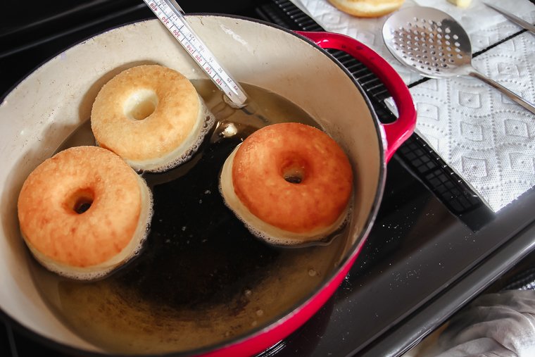 frying sourdough raised donuts