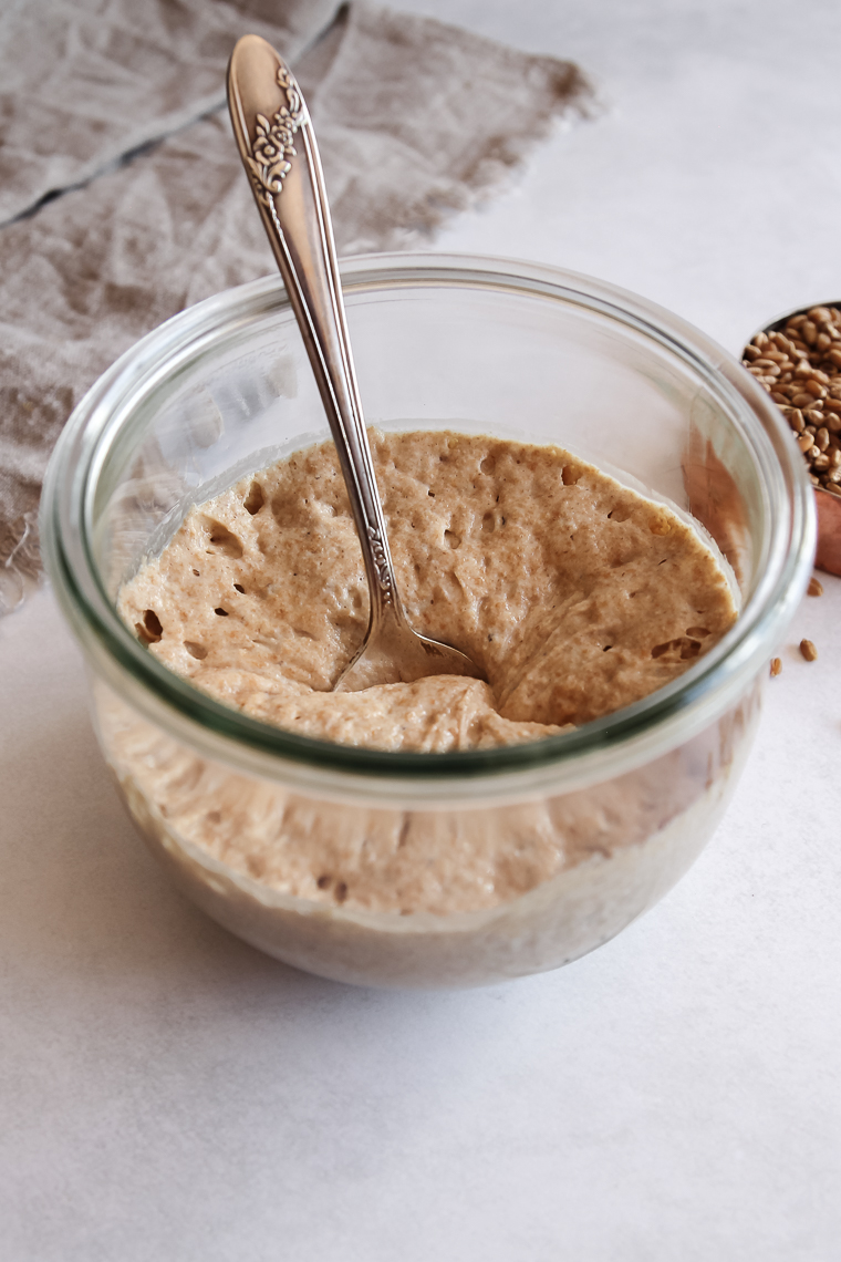 whole wheat sourdough starter that has just been stirred in a tulip weck jar