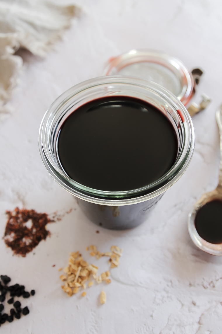 natural homemade elderberry syrup with rosehips and astragalus