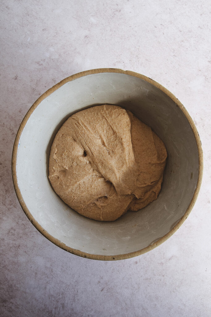 pizza dough at the end of bulk fermentation