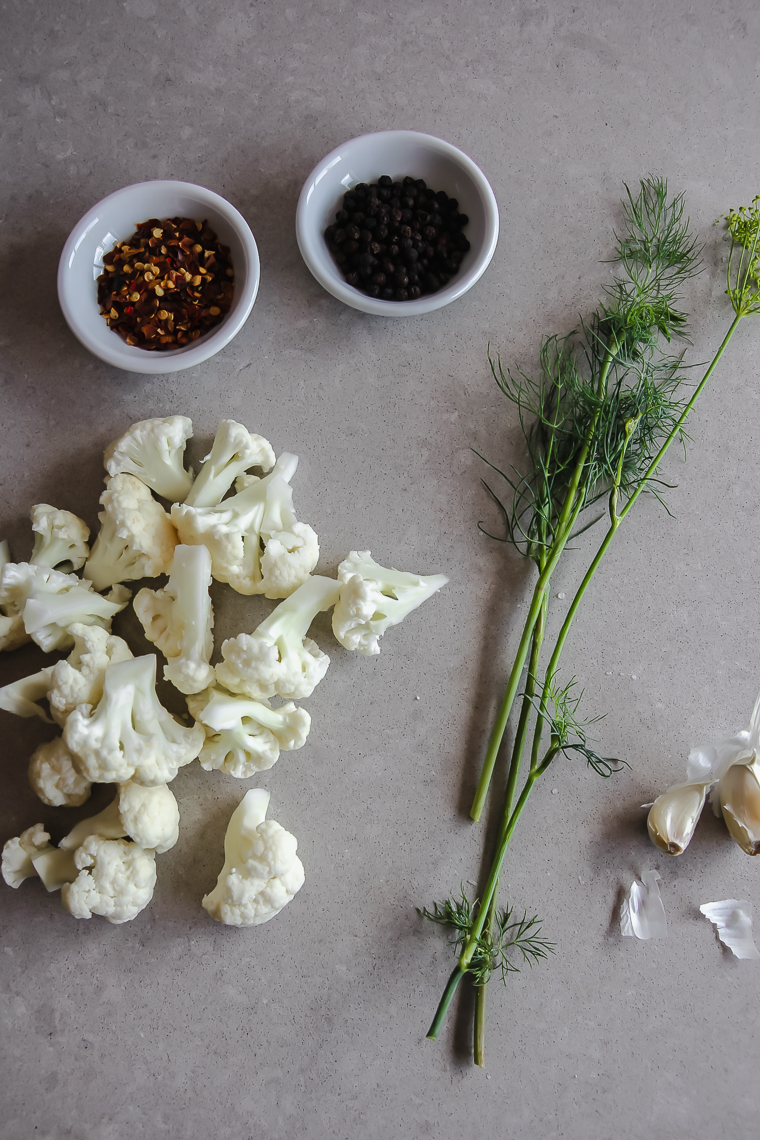 crushed red pepper, peppersorns, cauliflower, fresh dill, and garlic