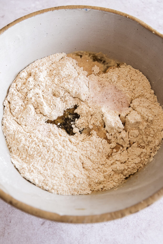 Mix einkorn sourdough starter (or flour and water), oil, and salt