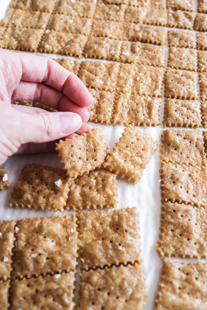 Finish baking and cooling. Break crackers apart. 